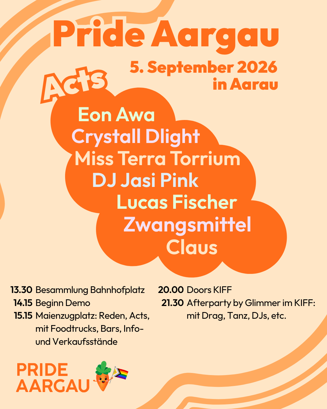 Programm: 14:30 Besammlung Bahnhofplatz, 14:45 Beinn Reden und Demo; 16:15 Festival auf dem Maienzugplatz; 20:30 Doors Afterparty by Glimmer im Kiff: Burlesque & Hot Queens